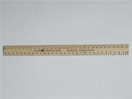 12" wooden ruler with metric and imperial markings, perfect for accurate measurements in art, school, and DIY projects.