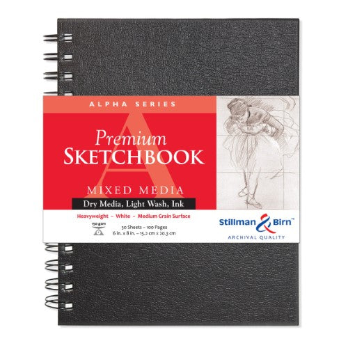 Alpha Spiral Sketch Pad with 50 sheets of 150gsm paper, 6x8 inches, perfect for various art mediums.