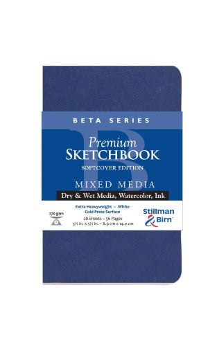 Beta S/Cover sketchbook featuring durable 270gsm pages, perfect for wet and dry media, with a soft-touch cover and rounded edges.