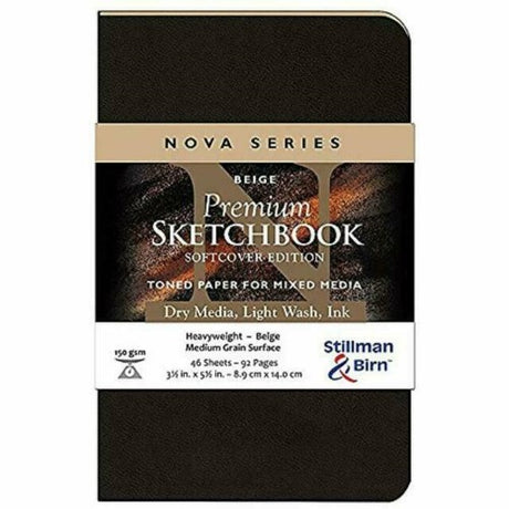 NOVA BEIGE sketchbook, 3.5x5.5 inches, featuring 150gsm mixed media paper for vibrant colors and versatile artistic applications.