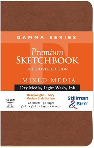 Gamma S/Cover 150gsm sketchbook, 3.5x5.5 inches, features durable 150gsm ivory paper, perfect for all dry media and light washes.