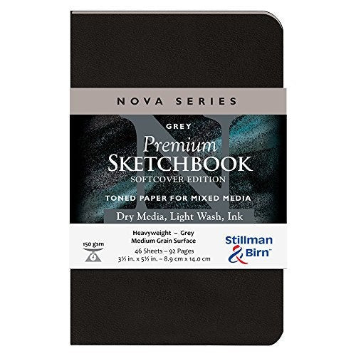 Premium grey sketch pad for mixed media, featuring 46 sheets of 150gsm acid-free paper, 3.5x5.5 inches in size.