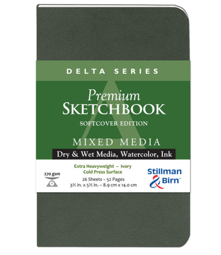 Delta S/Cover 270gsm sketchbook, 3.5x5.5", featuring heavy-duty ivory sheets for mixed media and enhanced durability.