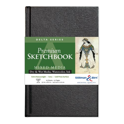 Hardbound sketchbook with 270gsm ivory paper, ideal for wet and dry media, perfect for serious artists.