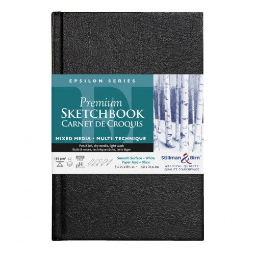 Epsilon Hardback Sketch Pad with 150gsm paper, 5.5x8.5" size, 62 sheets, ideal for versatile artistic use and durability.