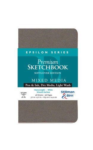 Epsilon S/Cover 150gsm sketchbook with 46 premium sheets, perfect for dry media and light washes, portable and durable.