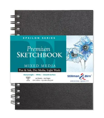 Epsilon Spiral Sketch Pad with 150gsm paper, 6x8", 50 sheets; ideal for various art mediums and easy to flip.