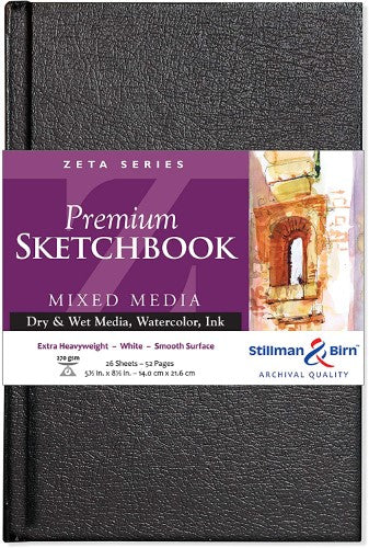 Zeta Hardback Sketch Paper Pad, 5.5x8.5", 270gsm, ideal for detailed art with wet and dry media, featuring sturdy hardback cover.