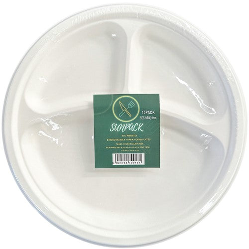 Eco-friendly disposable paper plates with three sections, ideal for easy serving at parties and picnics.