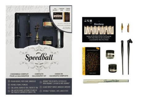 Complete calligraphy kit with pens, nibs, ink, practice pad, and textbook for beginners and pros to create beautiful lettering.