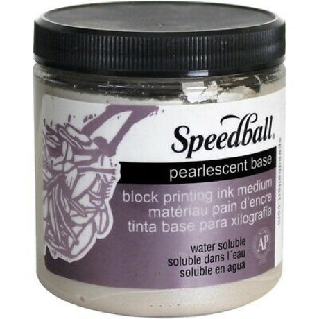 Speedball 8 oz. water-based pearlescent printing base, ideal for easy mixing, quick drying, and non-toxic art projects.