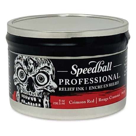 Speedball Pro Relief Ink 8oz in Crimson Red, vibrant, water miscible, oil-based ink for professional printmakers.