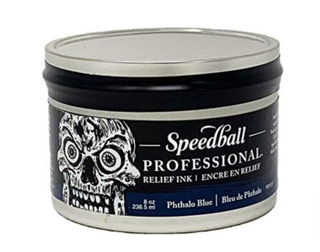 Speedball Pro Relief Ink in Phthalo Blue, 8oz bottle, designed for vibrant, archival-quality printmaking.