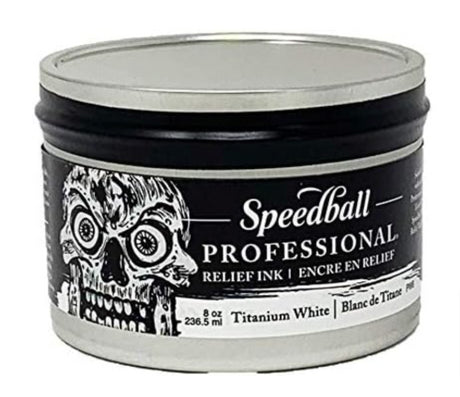 Speedball Pro Relief Ink 8oz Titanium White bottle showcasing premium, water miscible oil-based ink for vibrant printmaking.