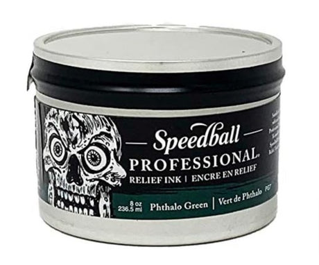 Speedball Pro Relief Ink 8oz in Phthalo Green, vibrant water-based ink for rich, detailed prints, easy cleanup with soap and water.