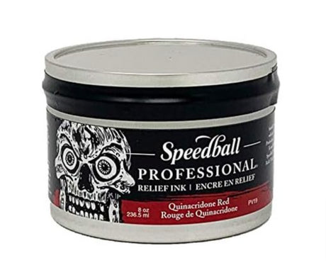 Speedball Pro Relief Ink 8oz in Quin Red, featuring high-quality pigments for vibrant, long-lasting prints and easy cleanup.