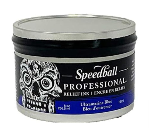 Speedball Pro Relief Ink 8oz in Ultramarine, featuring vibrant pigments for crisp, archival prints and easy cleanup.