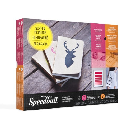 Speedball Screen Printing Introductory Kit with tools and inks for creating detailed designs on fabric.