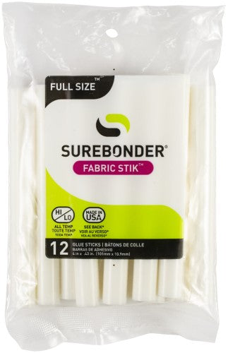 Surebonder Fabric Stik, 12 adhesive glue sticks for fabric, lace, ribbon, leather; perfect for DIY projects and crafts.