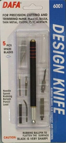 Versatile 6001 knife with C-600 rubber grip, 5 replacement blades, and assorted tools for precise cutting and crafting.