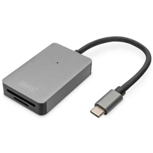 DIGITUS USB-C Card Reader in space gray, featuring 2 ports, high-speed UHS-II support, and compact aluminum design.