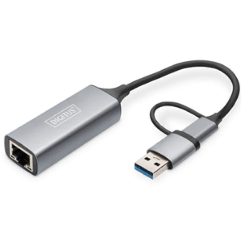 Digitus 2.5G Ethernet USB-C Adapter (0.15m) for high-speed internet up to 2.5 Gbps, ideal for gamers and streamers.