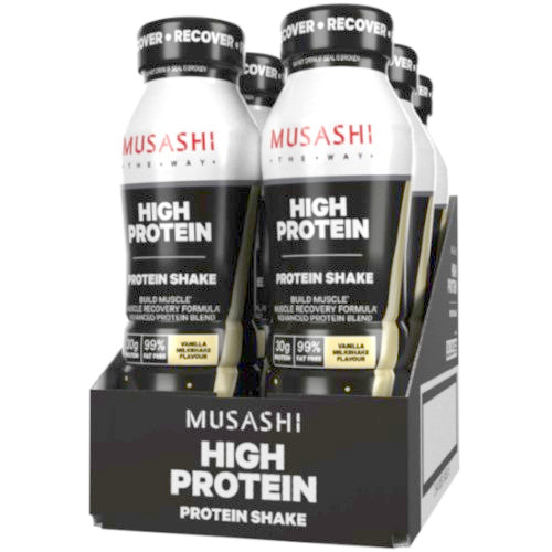 6-pack of Musashi Protein Vanilla Milkshake, 375ml each, ideal for on-the-go nutrition and muscle recovery support.