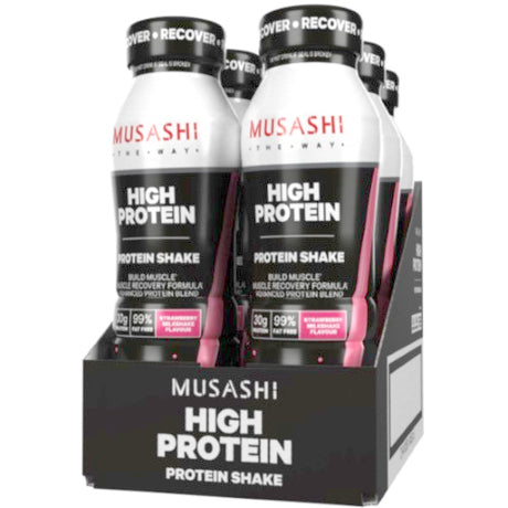 Musashi Protein Strawberry Milkshake 375ml 6-pack, a tasty protein drink with creamy strawberry flavor for nutrition on-the-go.