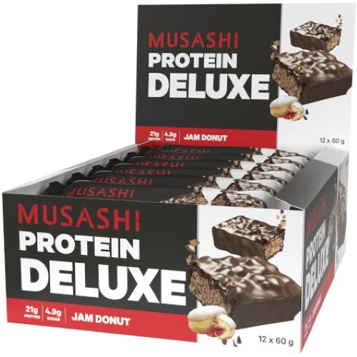 Delicious Musashi Deluxe Jam Donuts in a 12-pack, featuring soft texture and rich fruit filling for a perfect sweet treat.