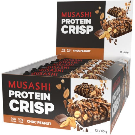 Musashi Protein Crisp Choc Peanut 60g pack featuring crunchy protein snacks infused with chocolate and peanuts.