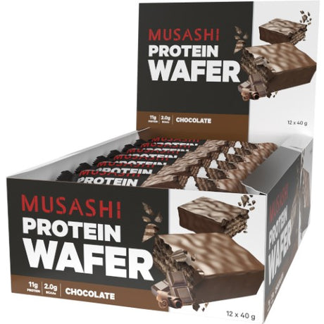 Chocolate protein wafers in a 12-pack, offering a crispy texture and high-quality protein for a guilt-free snack.