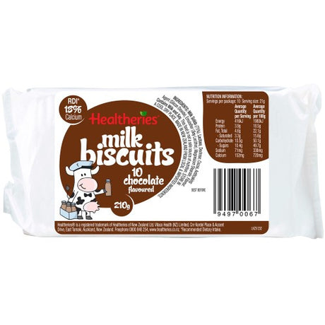 Healtheries Milk Biscuits Chocolate 210g pack, featuring rich chocolate-filled biscuits, perfect for a delightful snack.