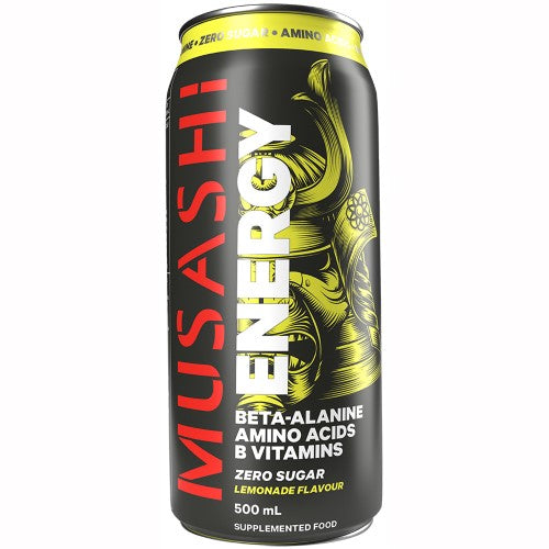 Musashi Energy Lemonade 500ml (12 Pack) - zesty energy drink for hydration and boost during workouts or daily activities.