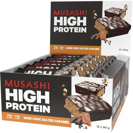 Musashi High Protein Dark Choc Salted Caramel bars in a 12 pack, rich in protein with a delicious dark chocolate and caramel flavor.
