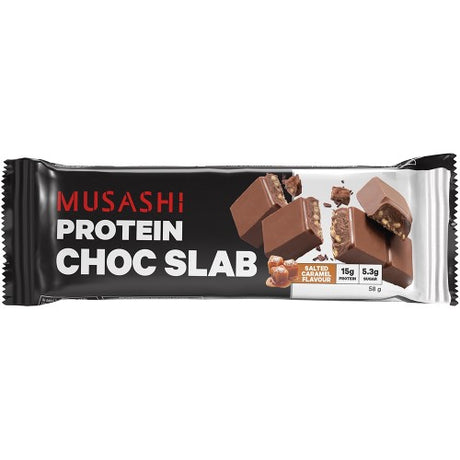 Musashi Protein Slab Salted Caramel 58g pack, offering 20g protein per slab, ideal for a nutritious post-workout snack.