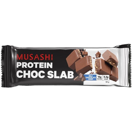 Musashi Protein Slab Milk Chocolate Crisp 58g (12 Pack) - protein-rich bars with crispy texture and chocolate coating for healthy snacking.