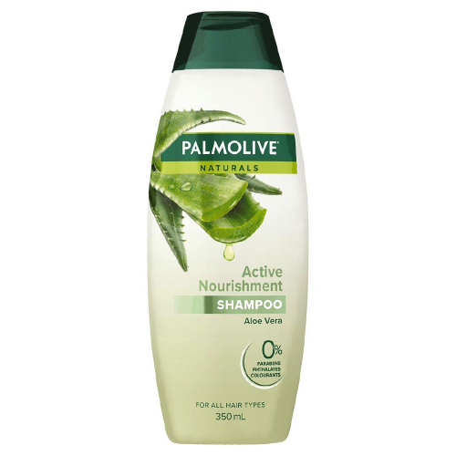 Four bottles of Palmolive Shampoo Active Nourish 350ml, designed for deep hydration and revitalizing all hair types.