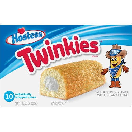 Twinkies Original 10-pack, soft sponge cakes with creamy filling, perfect for snacking and cultural nostalgia.