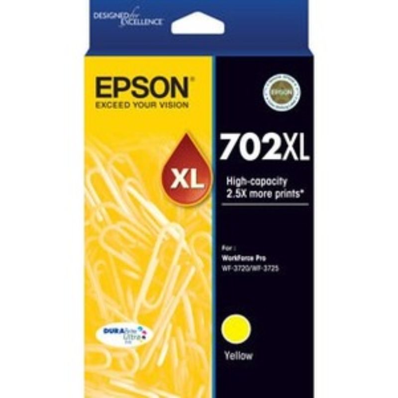 Epson DURABrite Ultra 702XL Yellow Ink Cartridge for vibrant, fast-drying, high-capacity prints; yields up to 950 pages.