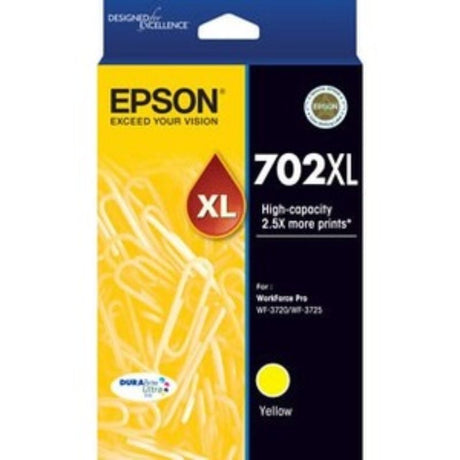 Epson DURABrite Ultra 702XL Yellow Ink Cartridge for vibrant, fast-drying, high-capacity prints; yields up to 950 pages.