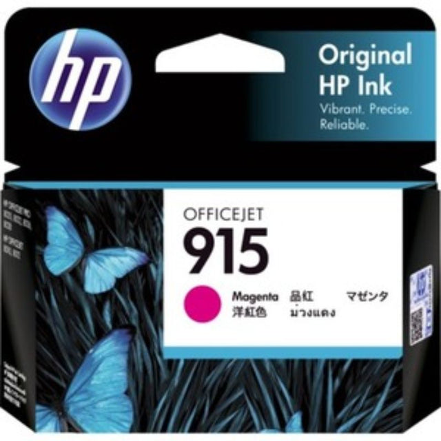 HP 915 Magenta Ink Cartridge for inkjet printers, prints up to 315 pages, vibrant color, reliable performance, eco-friendly recycling.