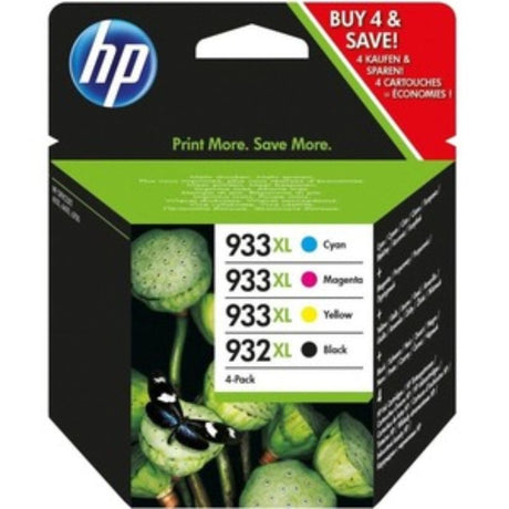 HP 932XL/933XL original ink cartridge combo pack with black, cyan, magenta, and yellow cartridges for vibrant prints.