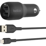 Belkin BOOST?CHARGE Auto Adapter with dual USB-A ports for fast, simultaneous charging of devices on the go.