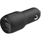 Belkin BOOST?CHARGE Auto Adapter for fast charging two USB devices simultaneously, featuring 12V input and 24W output.