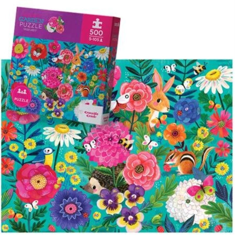 Colorful 500-piece jigsaw puzzle featuring a floral scene with hidden animals like hedgehogs and bunnies for family fun.