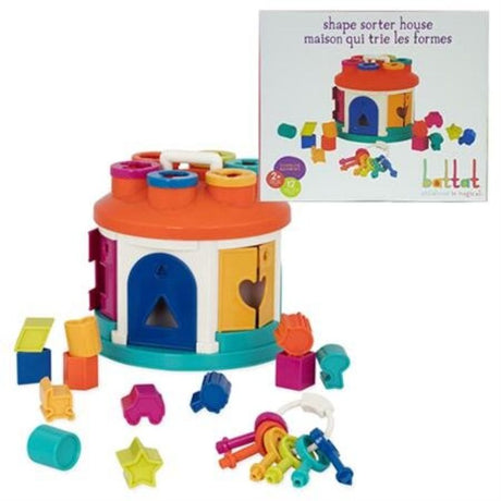 Colorful shape sorter house toy with 12 shapes, color-coded keys, and interactive features for toddlers' learning and play.