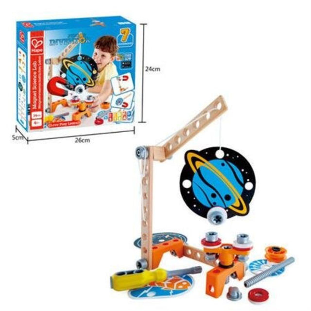 Educational Hape Magnet Science Lab for kids featuring seven experiments to explore magnetism, promoting STEM learning.