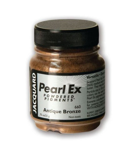 Jacquard Pearl Ex Powdered Pigment in Antique Bronze 660, 21.26g, for creating metallic and pearlescent effects in various mediums.