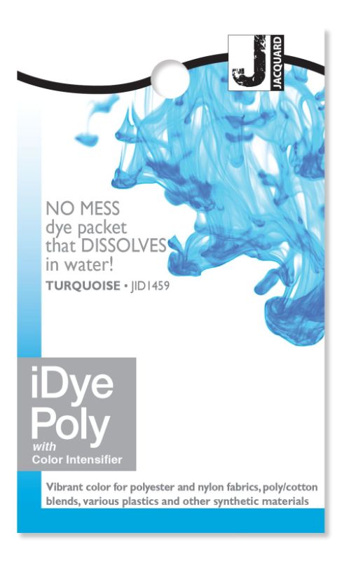 Vibrant turquoise dye packet for polyester and synthetic materials, perfect for DIY projects and cosplay.