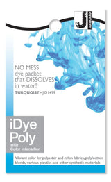 Vibrant turquoise dye packet for polyester and synthetic materials, perfect for DIY projects and cosplay.